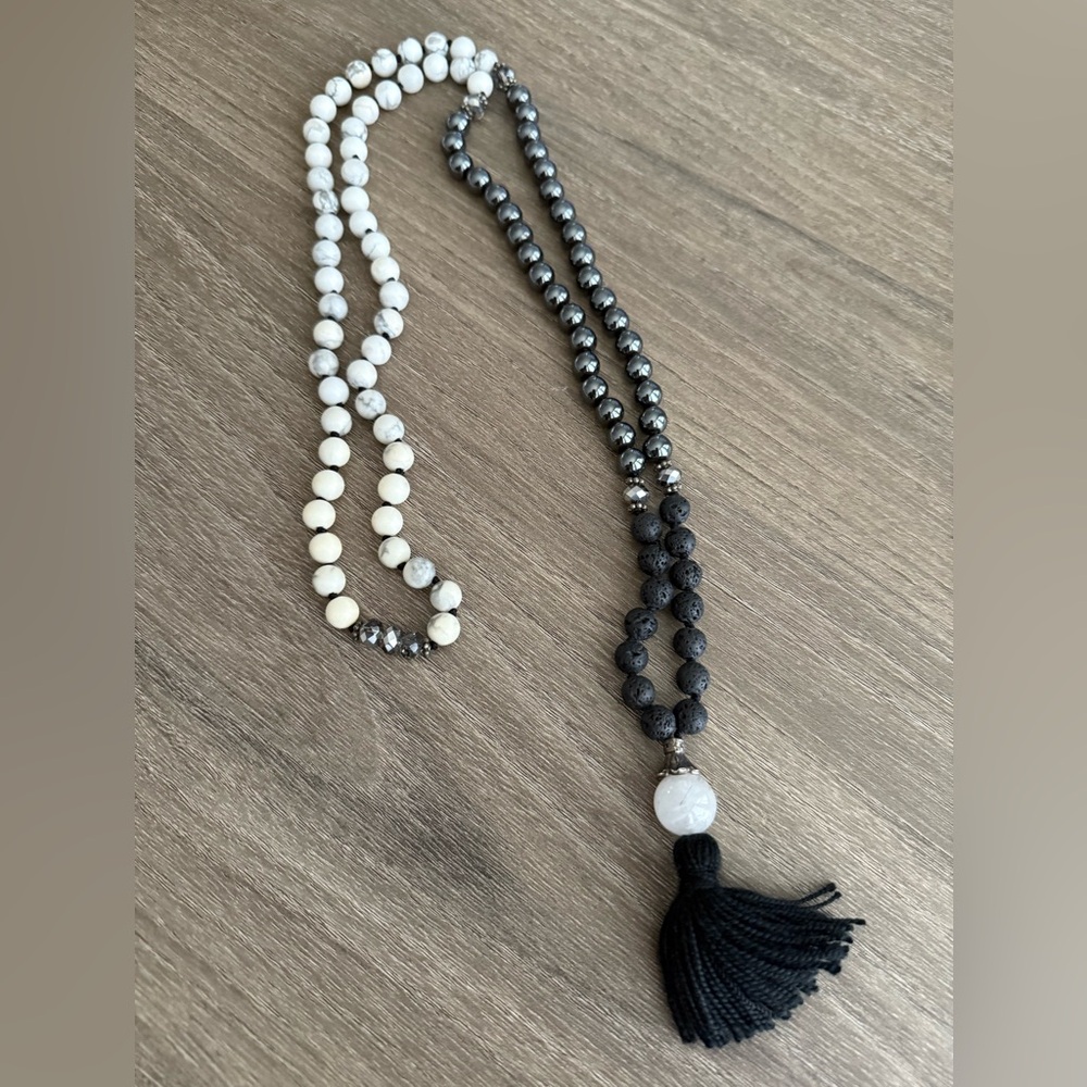 Black and White Beaded Tassel Necklace - Dual Tone Fashion Necklace